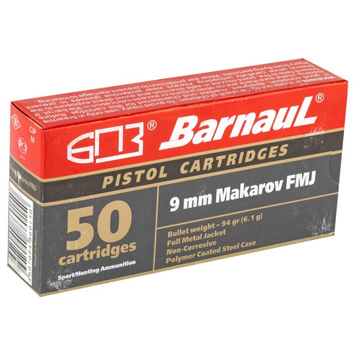 Barnaul 9mm MAKAROV (NOT LUGER) Ammunition BARN9MMMKRV94 94 Grain Full Metal Jacket 50 Rounds