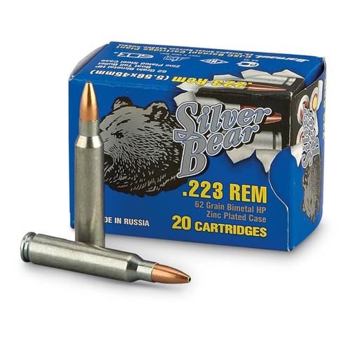 Silver Bear 223 Rem Ammunition A223RHPN 62 Grain Bimetal Hollow Point Boat Tail 20 Rounds