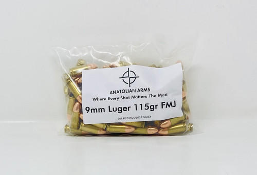 Anatolian Arms 9mm Luger *REMAN* Ammunition ANAT9MM115 115 Grain Full Metal Jacket 100 Rounds