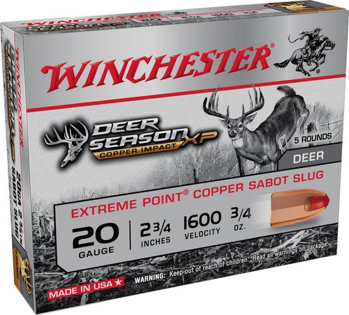 Winchester 20 Gauge Deer Season Ammunition X20DSLF 2-3/4" 3/4 oz Extreme Point Copper Sabot Slug 5 Rounds