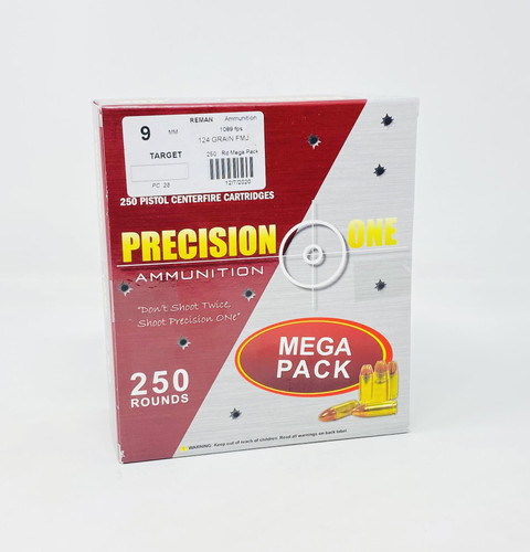 Precision One 9mm Luger *REMAN* Ammunition PONE28 124 Grain Full Metal Jacket Mega Pack 250 Rounds