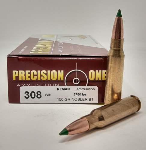 Precision One 308 Win Ammunition *REMAN* PONE385 150 Grain Nosler Ballistic Tip 20 Rounds