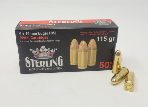 Sterling 9mm Luger Ammunition STRLG9MM115N 115 Grain Full Metal Jacket 50 Rounds