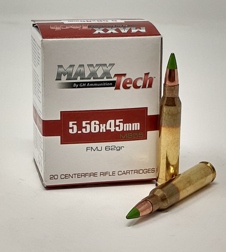 Maxxtech 5.56x45mm NATO M855 Ammunition PTGB556M855 62 Grain Full Metal Jacket Green Tip 20 Rounds