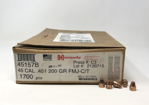 Hornady 45 Caliber (451 Diameter) 200 Grain Full Metal Jacket Truncated Cone Projectile H45157B 100 Pieces