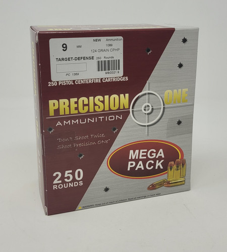 Precision One Target-Defense 9mm Ammunition PONE1369 124 Grain Copper Plated Hollow Point Mega Pack 250 Rounds