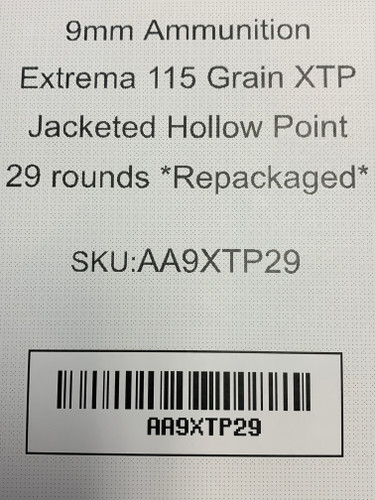 9mm Ammunition Extrema 115 Grain XTP Jacketed Hollow Point 29 rounds *Repackaged*