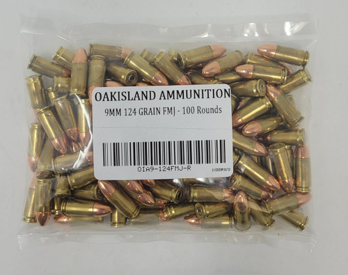 Oakisland Ammunition *REMAN* 9mm Ammunition OIA9124FMJR 124 Grain Full Metal Jacket Loose Pack 100 Rounds