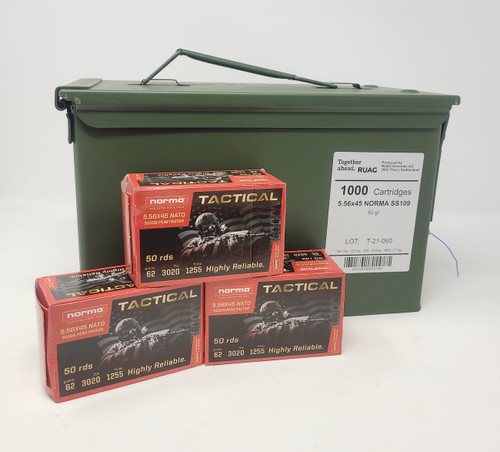 Norma Tactical 5.56x45 NATO Ammunition SS109 Penetrator NORMA2424042CAN 62 Grain Full Metal Jacket METAL CAN 1000 Rounds