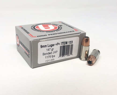 Underwood 9mm Luger +P+ Ammunition 147 Grain Bonded Jacketed Hollow Point UW133 20 Rounds