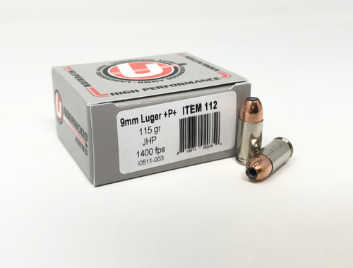 Underwood 9mm Luger +P Ammunition 115 Grain Jacketed Hollow Point UW112 20 Rounds