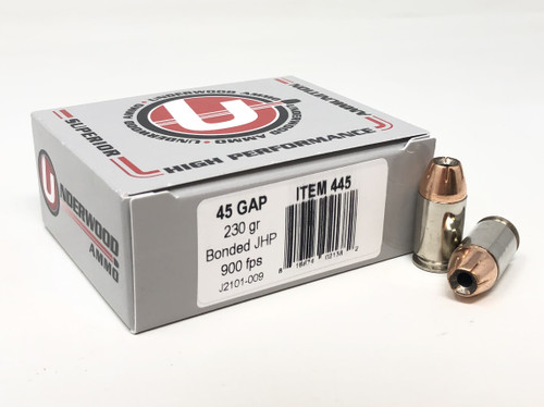 Underwood 45 GAP Ammunition Bonded Jacketed Hollow Point UW445 20 Rounds