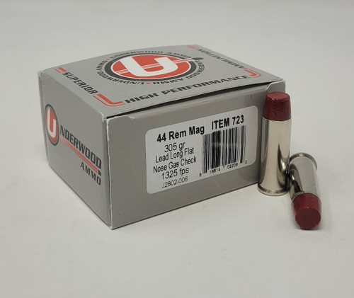 Underwood 44 Rem Mag Ammunition UW723 305 Grain Hard Cast Coated Long Flat Nose Gas Check 20 Rounds