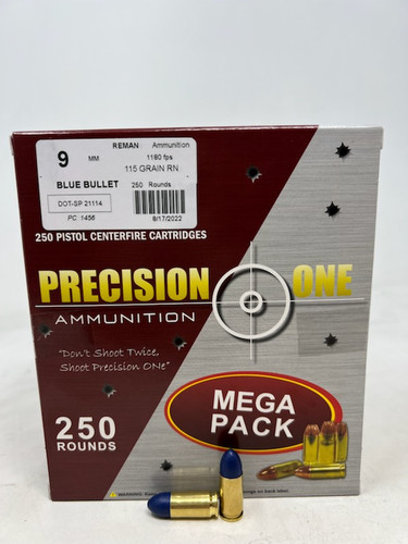 Precision One 9mm Ammunition PONE1456 115 Grain Round Nose Reman Blue Bullets 250 Rounds