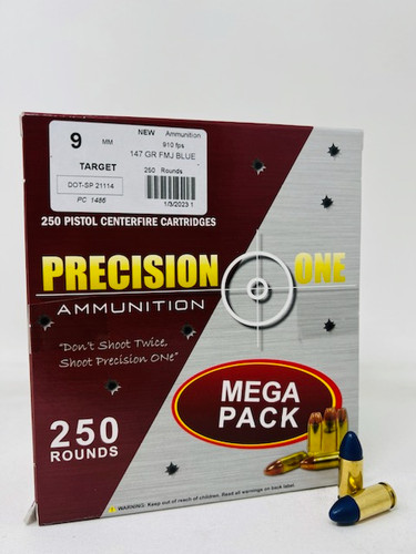 Precision One 9mm Ammunition Blue Bullets PONE1486 147 Grain Full Metal Jacket Mega Pack 250 Rounds