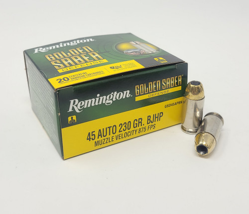 Remington 45 Auto Golden Saber Defense GSD45APBN 230 Grain Brass Jacketed Hollow Point 20 Rounds