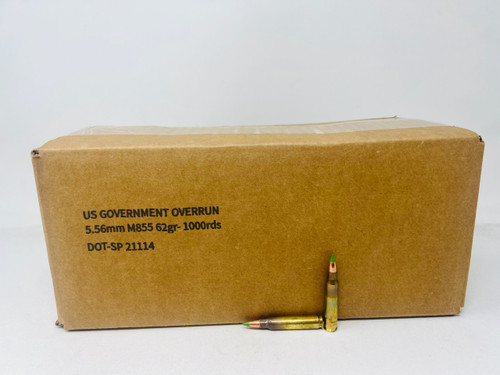 US Government Overrun 5.56x45mm NATO Ammunition USGOM8551000 M855 62 Grain Green Tip Bulk Pack 1000 Rounds