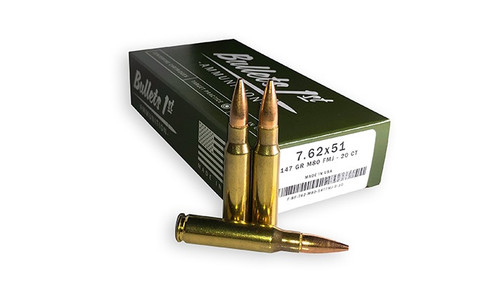 Bullets 1st 7.62x51mm Ammunition BF762M80147FMJ 147 Grain M80 Full Metal Jacket 20 Rounds