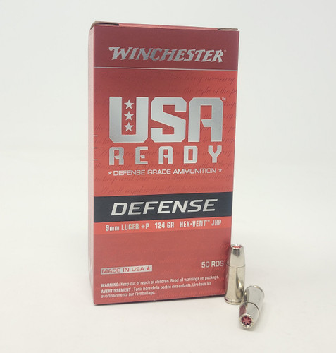 Winchester 9mm +P Ammunition USA Ready Defense RED9HP50 124 Grain Hex Vent Jacketed Hollow Point 50 Rounds