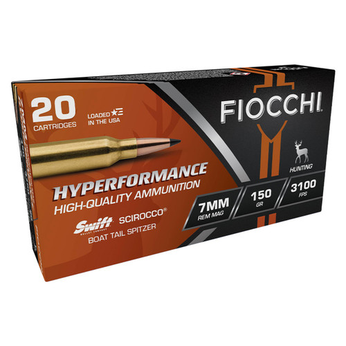 Fiocchi 7mm Rem Mag Ammunition Hyperformance FI7RMSCA 150 Grain Swift Scirroco BT Spitzer Ballistic Tip 20 Rounds