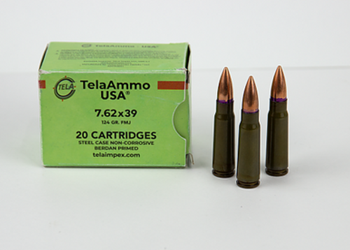 TelaAmmo 7.62x39mm Ammunition TELA76239124 124 Grain Steel Cased Full Metal Jacket CASE of 1000 Rounds