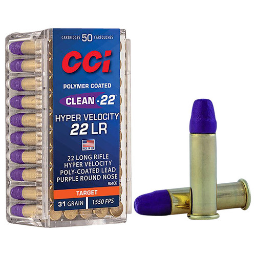 CCI 22 Long Rifle Ammunition Clean-22 Hyper Velocity CCI954CC 31 Grain Poly-Coated Lead Purple Round Nose 50 Rounds