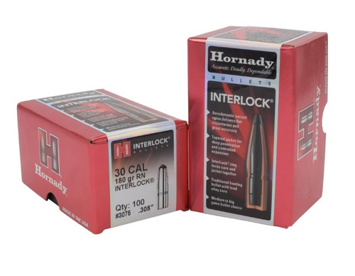 Hornady 30 Cal (.308 Dia) Reloading Bullets H3075 180 Grain Interlock Round Nose Soft Point 100 Pieces