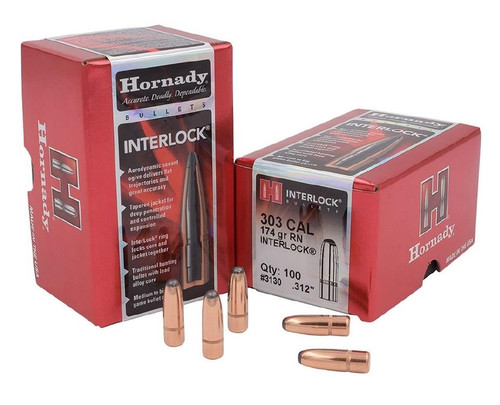 Hornady 303 Cal (.312 Dia) Reloading Bullets H3130 174 Grain Interlock Round Nose Soft Point 100 Pieces