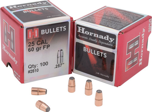 Hornady 25 Cal (.257 Dia) Reloading Bullets H2510 60 Grain Flat Point 100 Pieces