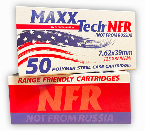 Maxxtech 7.62x39mm Ammunition NFR (Not From Russia) MTNFR762 123 Grain Steel Case Full Metal Jacket 50 Rounds