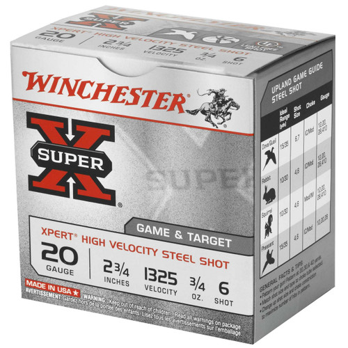 Winchester 20 Gauge Ammunition Super-X Steel WE20GT6BOX 2-3/4" #6 Shot 3/4oz 1325fps 25 Rounds