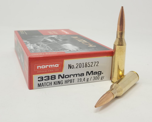 Norma 338 Norma Mag Ammunition Match Grade NORMA20185272 300 Grain Match King Boat Tail Hollow Point 20 Rounds