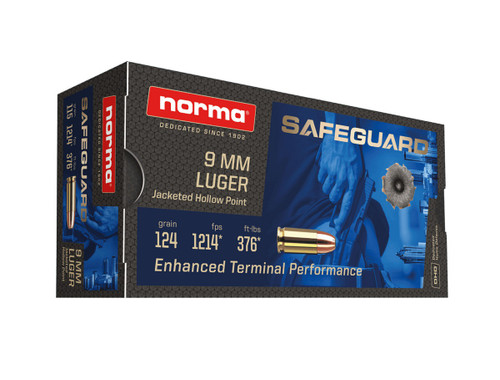 Norma 9mm Ammunition Safeguard Enhanced Terminal Performance NORMA801907288 124 Grain Jacketed Hollow Point 50 Rounds