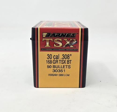 Barnes 30 Cal (.308 Dia) Reloading Bullets Copper TSX B30351 168 Grain Boat Tail Hollow Point 50 Pieces