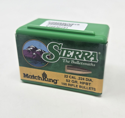 Sierra 22 Cal (.224 Dia) Reloading Bullets Matchking SRAA1410 52 Grain Hollow Point Boat Tail 100 Pieces