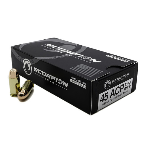 Scorpion 45 Auto Ammunition USPSA Certified Match 45230RN-S50 230 Grain Round Nose Full Metal Jacket 50 Rounds