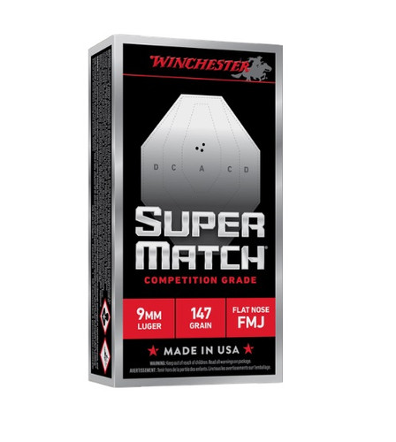 Winchester 9mm Ammunition Super Match SM9FN147 147 Grain Flat Nose Full Metal Jacket 50 Rounds