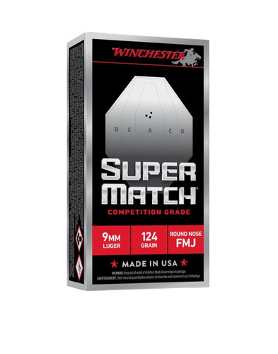Winchester 9mm Ammunition Super Match SM9RN124 124 Grain Round Nose Full Metal Jacket 50 Rounds