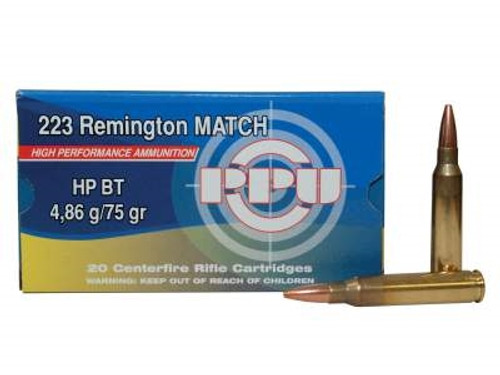 Prvi PPU 223 Rem Match Ammunition PP54 75 Grain Boat Tail Hollow Point 20 Rounds