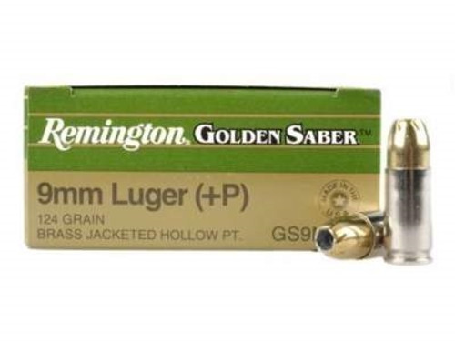 Remington 9mm +P Ammunition Golden Saber GS9MMD 124 Grain Brass Jacketed Hollow Point 25 rounds