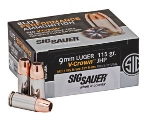 Sig Sauer 9mm Ammunition V-Crown E9MMA1-20 115 Grain Jacketed Hollow Point 20 rounds