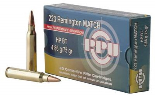Prvi PPU 223 Rem Ammunition PPM2232 75 Grain Match Hollow Point Boat Tail 20 Rounds