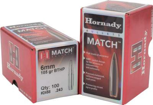 Hornady 6mm (243 Dia) Reloading Bullets 2458 105 Grain Hollow Point Boat Tail 100 Pieces