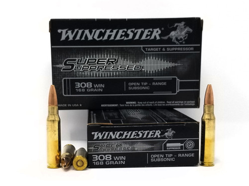 Winchester 308 Win Ammunition Super Suppressed SUP308 168 Grain Open Tip Subsonic 20 Rounds