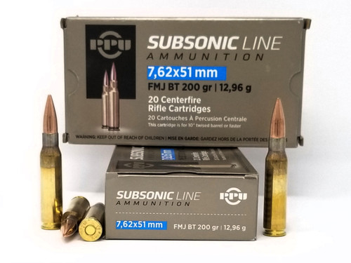 Prvi PPU 7.62x51mm Ammunition Subsonic Line PPS762 200 Grain Full Metal Jacket Boat Tail Subsonic 20 Rounds