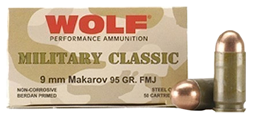 Wolf 9x18mm **Makarov** (NOT LUGER)  Ammunition Military Classic 94 Grain Full Metal Jacket 50 Rounds