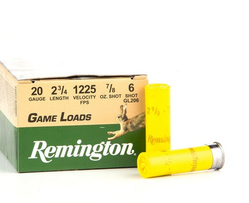 Remington 20 Gauge Ammunition Game Loads GL206 2-3/4” 6 Shot 7/8oz 1225fps 25 Rounds