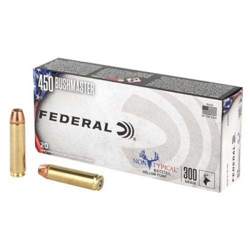 Federal 450 Bushmaster Ammunition Non-Typical White Tail 450BMDT1 300 Grain Hollow Point 20 Rounds Federal 450 Bushmaster Ammunition Non-Typical White Tail 450BMDT1 300 Grain Hollow Point 20 Rounds