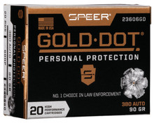 Speer 380 Auto Ammunition Gold Dot 23606GD 90 Grain Gold Dot Hollow Point 20 Rounds