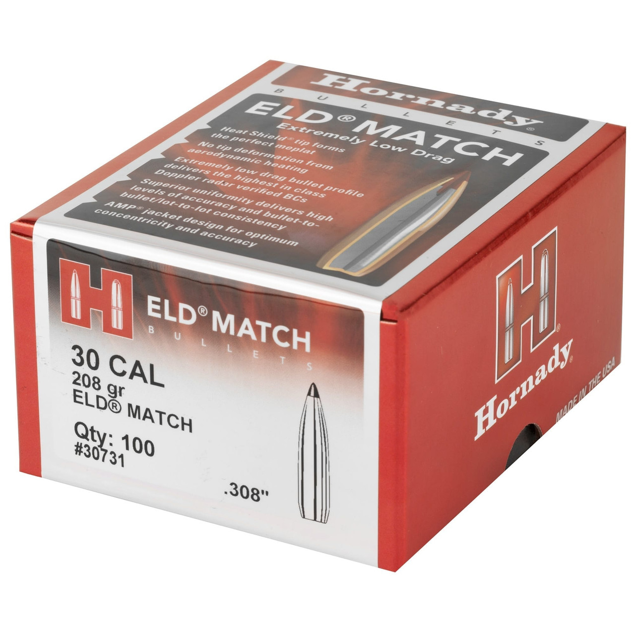 Hornady 30 Cal 308 Dia Reloading Bullets 208 Grain 30731 ELD Match Ballistic Tip 100 Pieces